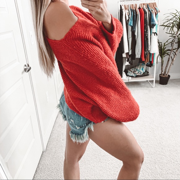 Free People Easy Days Off the Shoulder Sweater Red - Picture 3 of 10